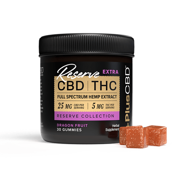 PlusCBD, Reserve Extra 5mg THC + 25mg CBD Gummies, Dragon Fruit, Full Spectrum, 30ct, 150mg THC + 750mg CBD